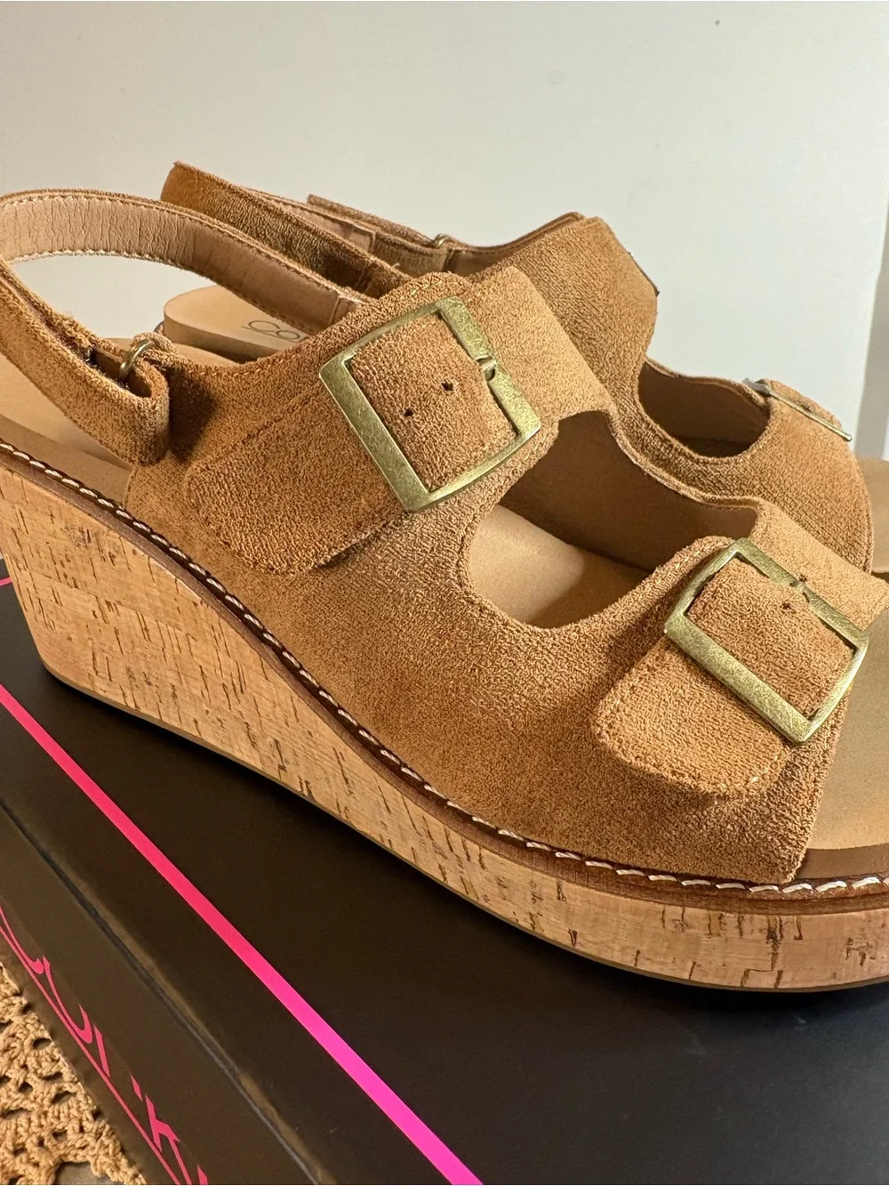 New Corkys Tan Faux Suede Cork Platform Wedge Sandals